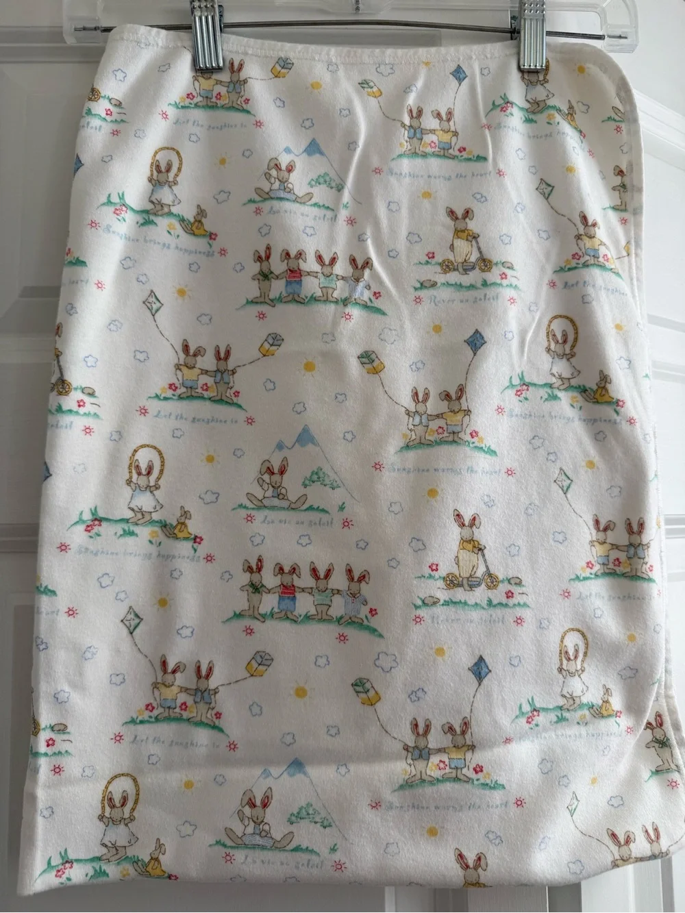 Vintage Carter's White Baby Blanket with Bunny and Pastel Prints